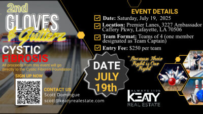 Flyer for the 2nd Annual Gloves and Gutterz Cystic Fibrosis Bowling Tournament in Lafayette, LA