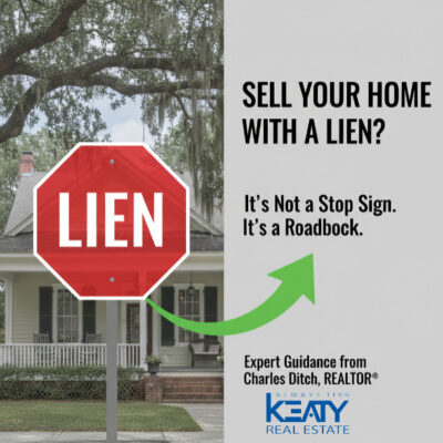 A visual metaphor for selling a home with a lien in Lafayette, LA. A house with a "LIEN" stop sign is connected by an arrow to the solution: "Expert Guidance from Charles Ditch, REALTOR®