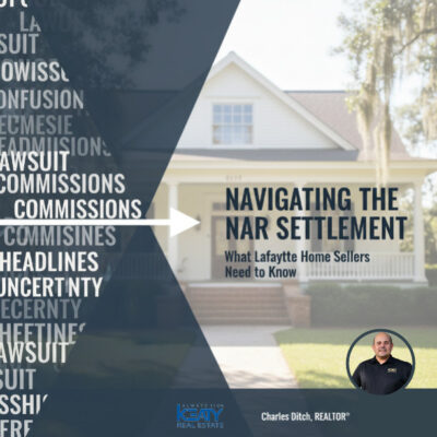 Thumbnail image for an article on the NAR settlement for Lafayette, LA home sellers. Text reads 'Navigating the NAR Settlement: What Lafayette Home Sellers Need to Know' with branding for Charles Ditch, REALTOR®.