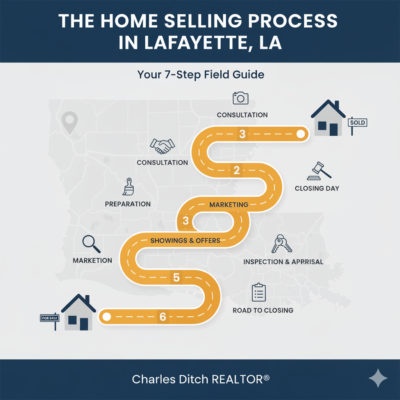 Infographic showing the 7-step home selling process in Lafayette, LA, with icons for consultation, preparation, marketing, showings, inspection, road to closing, and closing day. Features a winding path from a 'For Sale' house to a 'Sold' house on a subtle map background. Charles Ditch REALTOR®.