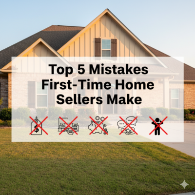 Acadian-style home in Lafayette, LA with overlay: 'Top 5 Mistakes First-Time Home Sellers Make' and icons crossed out for overpricing, clutter, hidden costs, emotional negotiation, and inexperienced agents. Expert advice for selling your home.